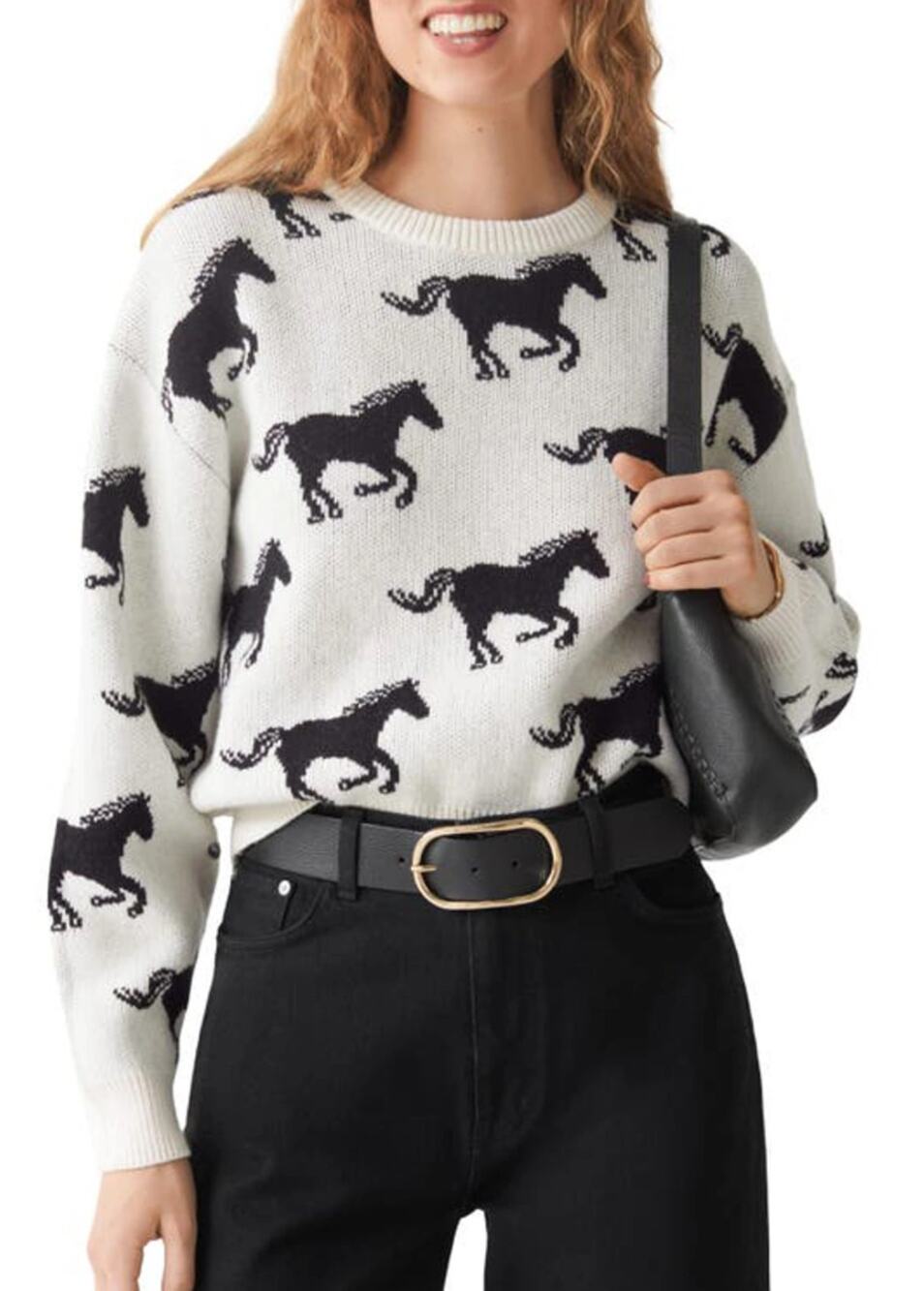 & OTHER STORIES Wool Blend All over Horse Sweater Western Preppy equestrian chic